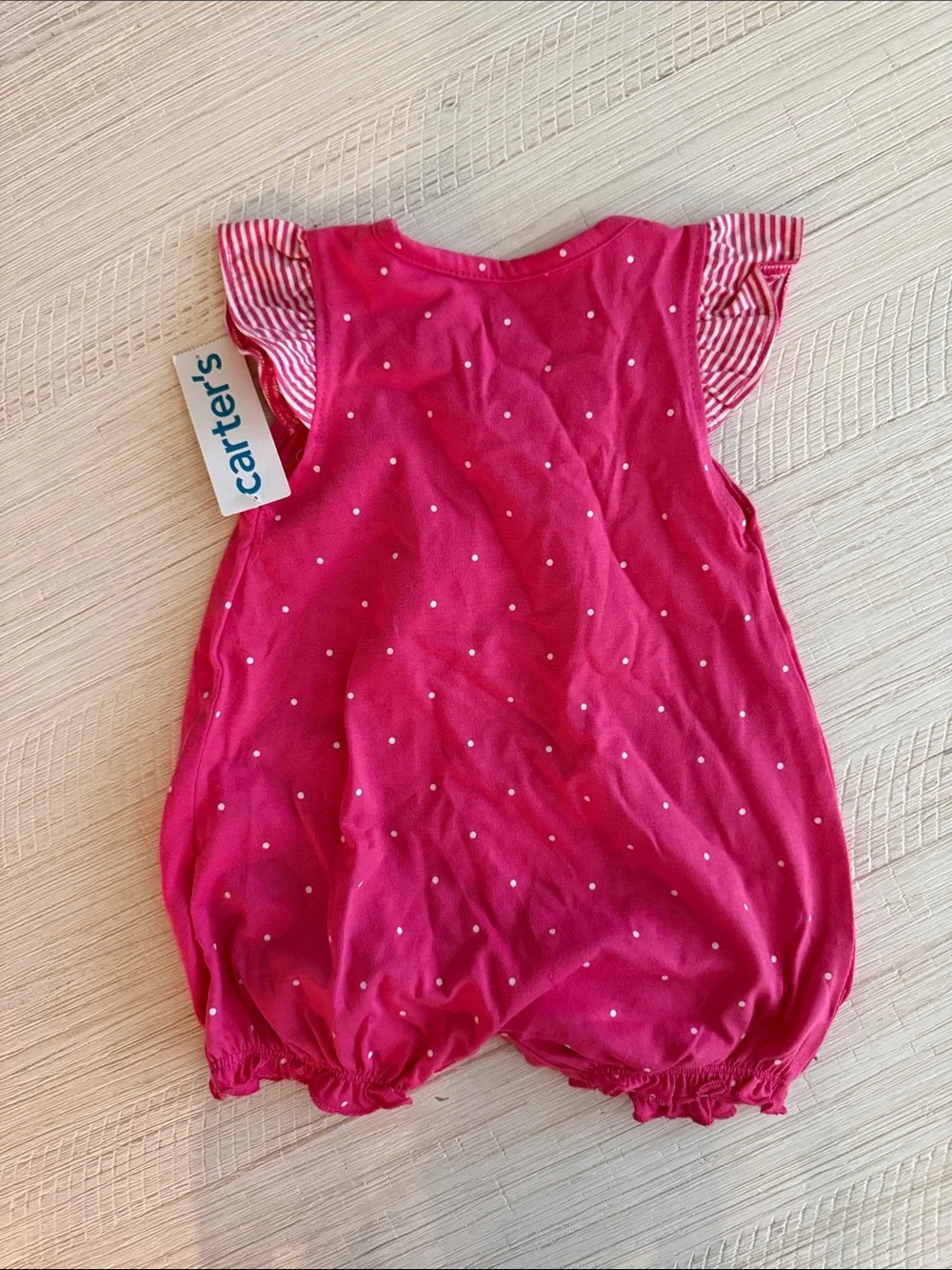 Carter's Fuchsia Polka Dot Heart Romper with Striped Accents, size 6 months